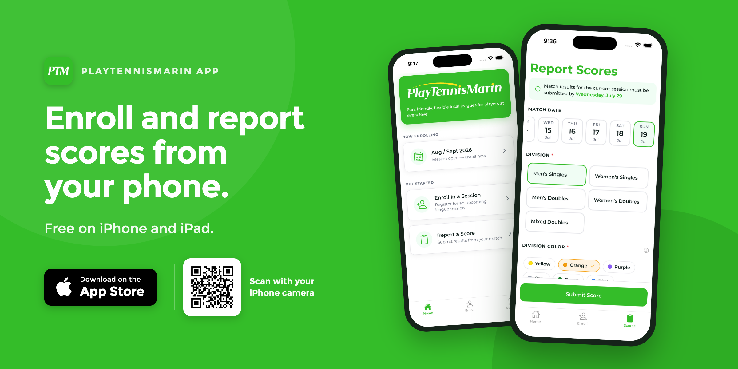 PlayTennisMarin -- enroll and report scores from your phone. Free on iPhone and iPad.